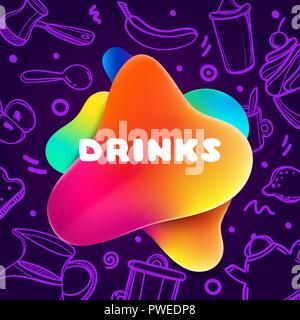 Colorful gradient flyer for cafe on bright and glossy background with drinks quote. Linear doodle illustration of food. Composition of multi-colored gradients and abstract shapes. Stock Vector