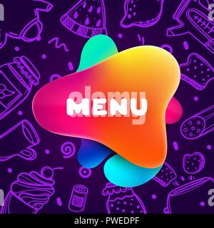 Colorful gradient flyer for cafe on bright and glossy background with menu quote. Linear doodle illustration of food. Composition of multi-colored gradients and abstract shapes. Stock Vector