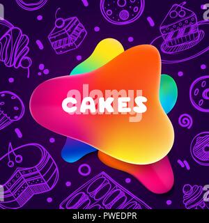 Colorful gradient flyer for cafe on bright and glossy background with cakes quote. Linear doodle illustration of food. Composition of multi-colored gradients and abstract shapes. Stock Vector