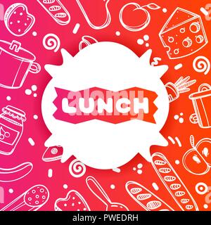 Colorful gradient flyer for cafe on glossy background with lunch quote. Linear doodle illustration of food. White sticker on multi-colored gradient. Stock Vector