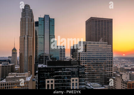 Minneapolis, Minnesota skyline at sunset as seen from the 30th floor of the 365 Nicollet apartment tower. Stock Photo