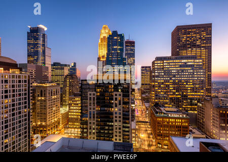 Minneapolis, Minnesota skyline at dusk as seen from the 30th floor of the 365 Nicollet apartment tower. Stock Photo