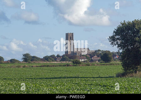 Happisburgh Church. Norfolk. View from the south. Looking over an arable field growing sugar beet. Sea off right.