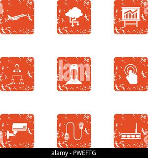Wire data icons set, grunge style Stock Vector