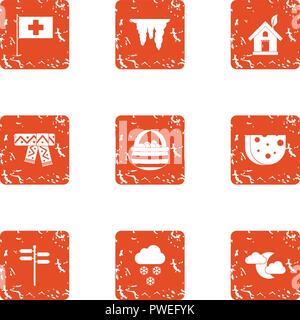 Winter house icons set, grunge style Stock Vector