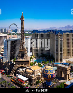 The Paris Hotel Las Vegas from above showing the Eiffel Tower and Mongolfier Balloon Stock Photo