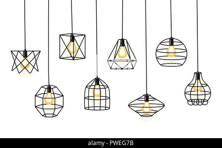 Set of different geometric loft lamps and iron lampshade. Industrial style. Set of vintage chandelier and pendant lamps. Stock Vector