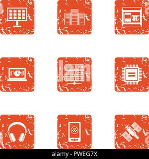 Cosmic tech icons set, grunge style Stock Vector