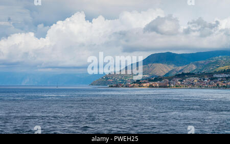 Seascape in the Messina strait with Villa San Giovanni. Calabria, southern Italy. Stock Photo