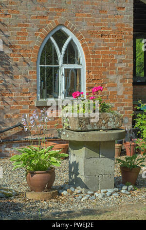Various Plant containers in front of a cottage wall. Pointed arched window circa 1830. Ingham. Rural Norfolk. Long and short brickwork with bricks made from local clay; stone impurities causing some erosion. Stock Photo