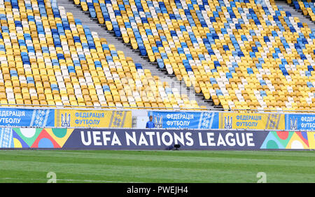 LVIV, UKRAINE - SEPTEMBER 9, 2018: UEFA Nations League billboard seen at Arena Lviv stadium during UEFA Nations League game Ukraine v Slovakia. UEFA N Stock Photo