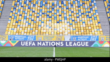 LVIV, UKRAINE - SEPTEMBER 9, 2018: UEFA Nations League billboard seen at Arena Lviv stadium during UEFA Nations League game Ukraine v Slovakia. UEFA N Stock Photo