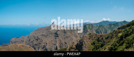 Mountain ridge  landscape panorama, blue sky and ocean view, Anaga Mountains, Tenerife -