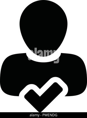 Male icon vector user person profile avatar with Tick symbol in flat color glyph pictogram illustration Stock Vector