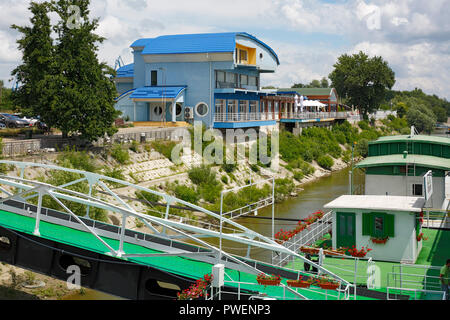 Romania, Giurgiu at the Danube, Muntenia, Greater Wallachia, Danube bank at the harbour, landing stage, shipping pier, Restaurant Perla Dunarii Stock Photo