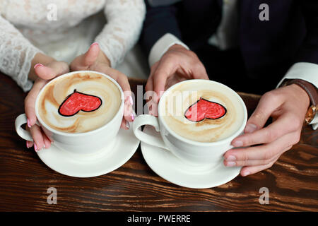 Coffee time, coffee break. Wedding day. Couple in cafe Stock Photo