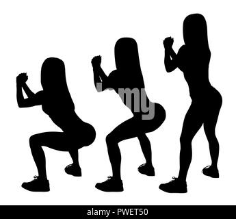 Black silhouette of set of sporty woman doing squats. Stock Photo