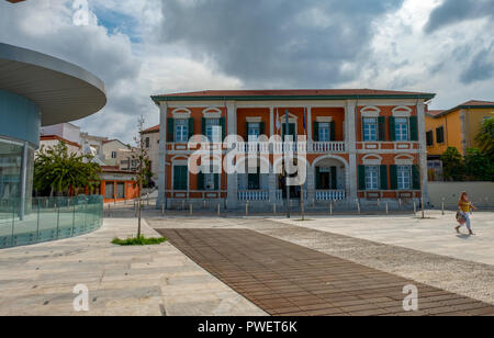 Public viewing area and cafe in Paphos old town centre Stock Photo