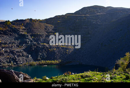 Zip World, a busy tourist attraction in the disused part of Penrhyn Quarry, near Bethesda, North Wales. Image taken in October 2018. Stock Photo