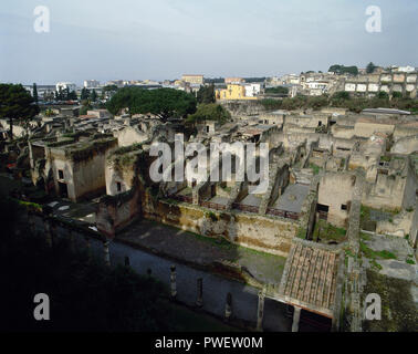 Herculaneum. Ancient Roman city destroyed by the eruption of the Vesuvius at 79 AD. Panoramic view. Italy. Stock Photo