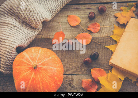 Autumn leaves, open book and pumpkin on wooden board. Stock Photo