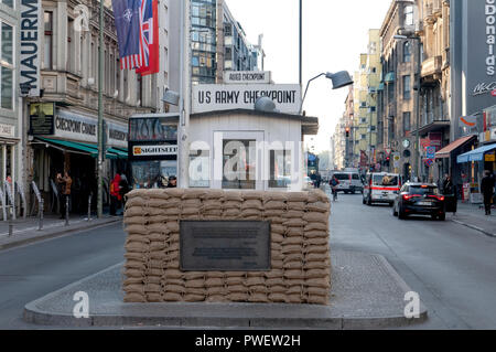 Checkpoint Charlie or Checkpoint C stands at the Berlin Wall crossing point between East Berlin and West Berlin. Stock Photo