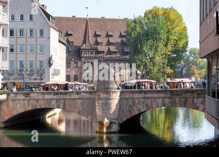 Museumsbrücke and Kreuzigungshof at the Pegnitz river in Nuremberg - Nürnberg, Germany. Stock Photo