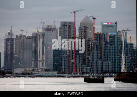 New Thames riverside skyscrapers rise up near Canary Wharf Docklands, London, England. Stock Photo