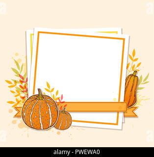 Autumn vintage background with orange pumpkins and white sheet of paper. Floral frame for seasonal fall sale. Stock Photo