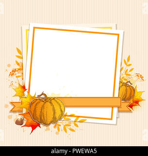 Autumn vintage background with orange pumpkins, maple leaves and white sheet of paper. Floral frame for seasonal fall sale. Stock Photo