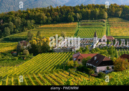 Graveyard in vineyards near Spitz an der Donau in autumn (Wachau, Lower Austria) Stock Photo