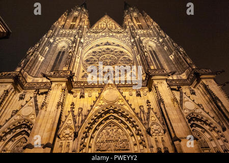 Facade of the St. Vitus Cathedral, Katedrála Sv. Víta, at night, Prague, Czech Republic. Stock Photo