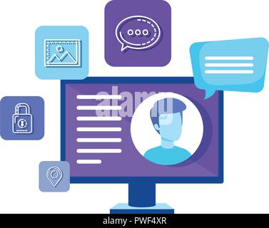 computer with user and social media icons vector illustration design Stock Vector