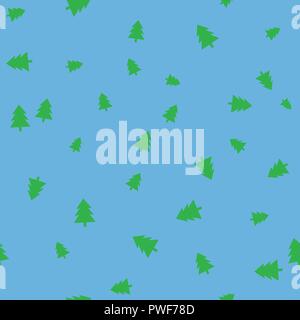 Green Christmas tree seamless pattern. Light blue background. Vector illustration. Stock Vector