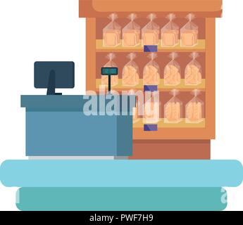 supermarket shelving with sale point and bread bags vector illustration Stock Vector