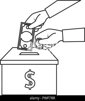 hands donating coins and bills in box vector illustration design Stock Vector