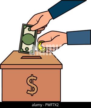 hands donating coins and bills in box vector illustration design Stock Vector