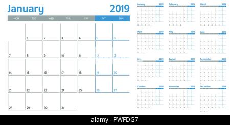 Calendar planner 2019 template vector illustration all 12 months week starts on Monday and indicate weekends on Saturday and Sunday Stock Vector