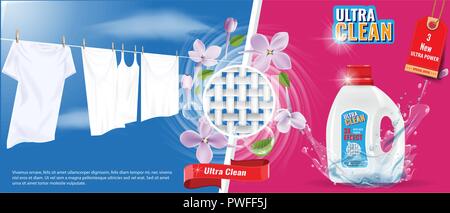 Laundry detergent advertisement template with water splash effect, white clothes and nice flowers. High detailed Vector Illustration. Stock Vector