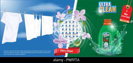 Laundry detergent advertisement template with water splash effect, white clothes and nice flowers. High detailed Vector Illustration. Stock Vector