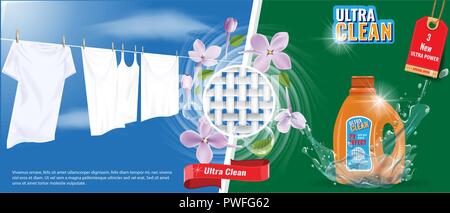 Laundry detergent advertisement template with water splash effect, white clothes and nice flowers. High detailed Vector Illustration. Stock Vector