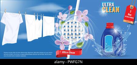 Laundry detergent advertisement template with water splash effect, white clothes and nice flowers. High detailed Vector Illustration. Stock Vector