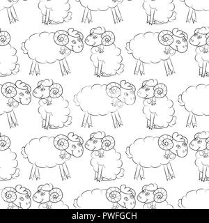 Sheep flying in the sky with clouds. Cute Wallpaper for kids. Vector illustration. Seamless pattern background. Stock Vector
