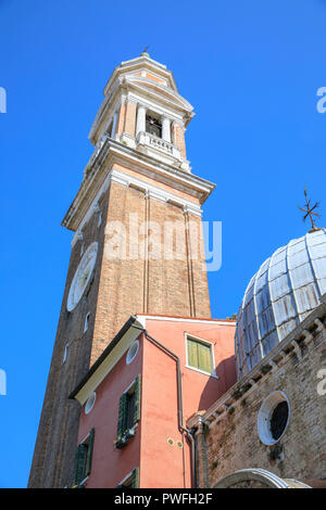 Campanile (Bell Tower) of Chiesa Cattolica Parrocchiale dei Santi Apostoli in Campo S.S. Apostoli, Venezia VE, Italy. Stock Photo
