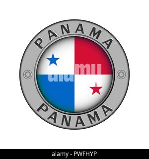Round metal medallion with the name of the country of Panama and a round flag in the center Stock Vector
