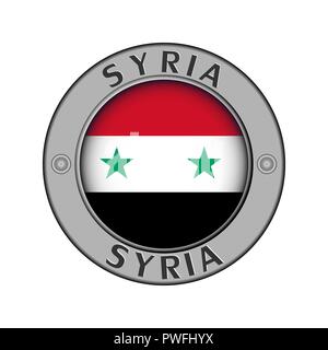 Round metal medallion with the name of the country of Syria and a round flag in the center Stock Vector