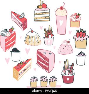 Hand drawn delicious food dessert collection Milkshake Cake Pudding Cupcake Food Stock Vector