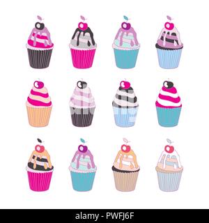Set of 12 cute cupcakes isolated on white background Stock Vector