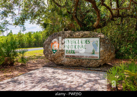 Entrance sign to Everglades National Park in Florida, USA. The Everglades is a natural region of tropical wetlands. Stock Photo