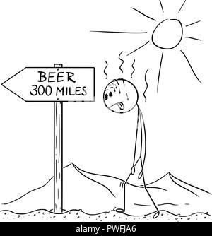 Cartoon of Man Walking Thirsty Through Desert and Found Sign Beer 300 Miles or Kilometers Stock Vector